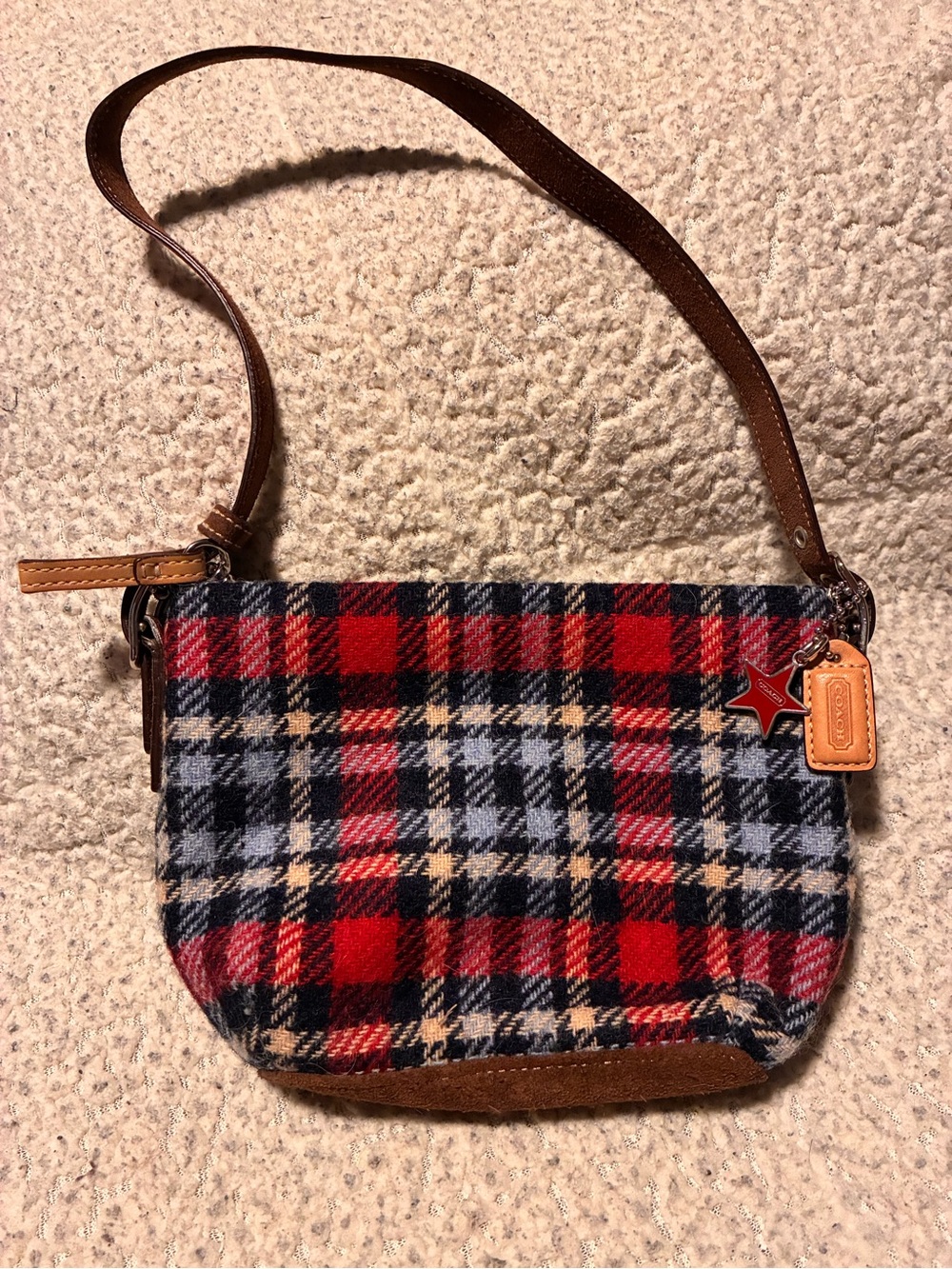 Coach Red and Blue Plaid Wool Mini bag with Brown and Red Leather Trim